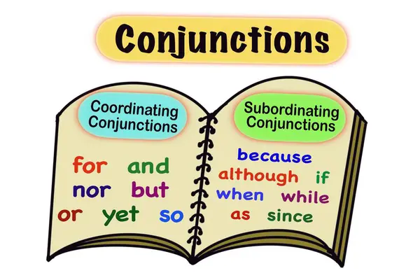 Conjunctions 'la ilgili metinlerin olduğu açık bir kitabın el çizimi. Eğitim için illüstrasyon. Konsept, İngilizce dil bilgisi. Eğitim. Birleşme dersi türü hakkında öğretim yardımı.