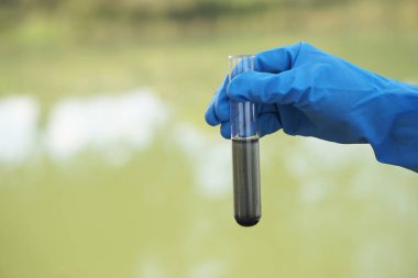 Bilim adamı el kamerası tüpünü kapatın. Bilim deneyi için su numunesi içeriyor. Doğal su kaynaklarından gelen su kalitesi ve kirletici maddelerin test edilmesi    