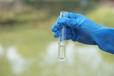 Bilim adamı el kamerası tüpünü kapatın. Bilim deneyi için su numunesi içeriyor. Doğal su kaynaklarından gelen su kalitesi ve kirletici maddelerin test edilmesi         