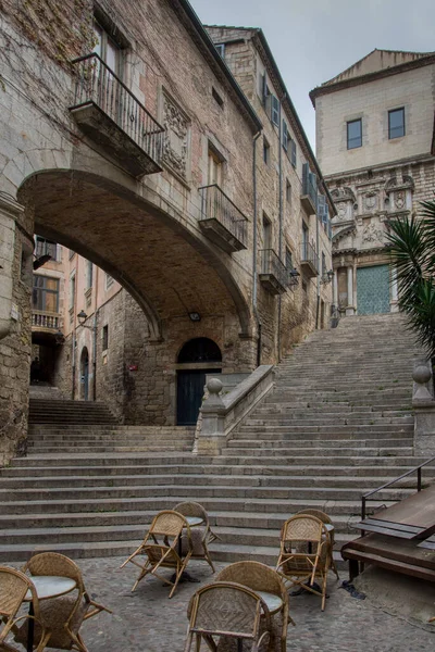 stock image A view of the Pujada de Sant Domenec or Saint Domenec Stairs with school children enjoying their lunch on the steps