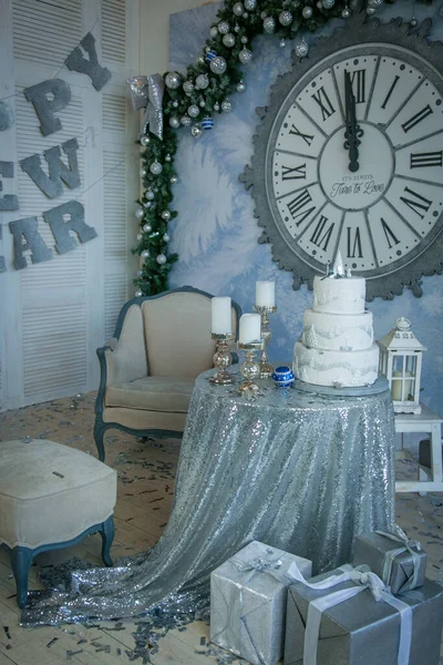 New Year Home Interior Decorated Gray Blue Colors Table Shiny — Stockfoto
