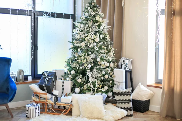 Christmas Tree Lights Christmas Room Interior Design Xmas Tree Decorated — Stockfoto