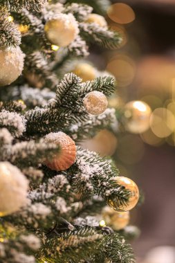 Close up view of gold christmas balls on Christmas tree bright bokeh and snow. Xmas Holiday concept. Decorative coniferous plant. Stylish Christmas Outdoor decorations. Festive decor. Copy space.