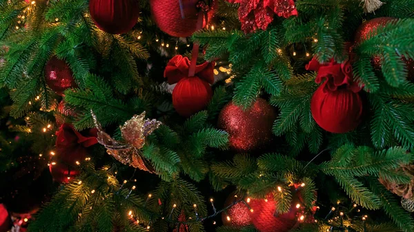 Closeup Red Bauble Hanging Decorated Christmas Tree Christmas Holidays Seasonal — Stockfoto