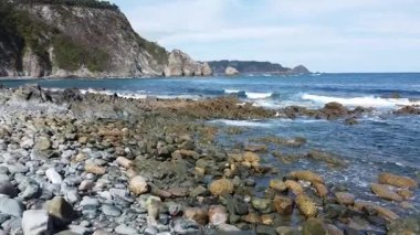 Kamera Asturian Sahili Kayalıkları Üzerinde İlerliyor Taşlarda Sümsük Sümsüğü Kuruyor - 548