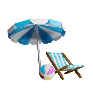 Plaj topu ve şemsiyesinin üç boyutlu resmi, beyaz arkaplan