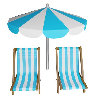 3 boyutlu plaj yatağı ve şemsiyesi, beyaz arkaplan