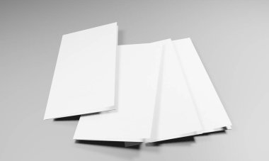 Boş portre kâğıt maketi. Broşür dergisi, beyaz değişken arka plan, gri üzerine izole edilmiş kağıt. İşlerin için iyi bir model.