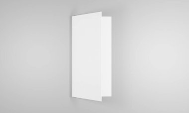 Boş portre kâğıt maketi. Broşür dergisi, beyaz değişken arka plan, gri üzerine izole edilmiş kağıt. İşlerin için iyi bir model.