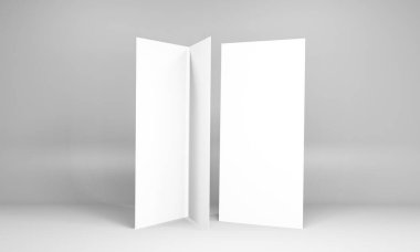 Boş portre kâğıt maketi. Broşür dergisi, beyaz değişken arka plan, gri üzerine izole edilmiş kağıt. İşlerin için iyi bir model.