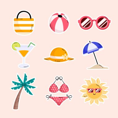 Yaz elementleri düz ikonlar vektör çizimi, izole nesneler, yaz çantası, plaj topu, güneş gözlükleri, kokteyl, yaz şapkası, plaj şemsiyesi, hindistan cevizi ağacı, bikini, güneş