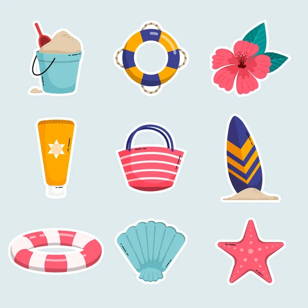 Summer Beach Holiday Elements Iconos Planos Ilustración Cubo Playa Flor Vectores de stock libres de derechos