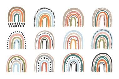 Boho Gökkuşağı Klip Sanatı seti. Çocuk Yuvası Tasarım Elementleri. Doodle Retro Biçim Gökkuşağı.
