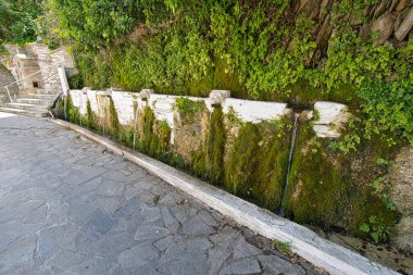 Doğal kaynak suyu taştan fışkırarak Andros, Greec 'teki Dionysus Springs' in yosunlu duvarına akar.
