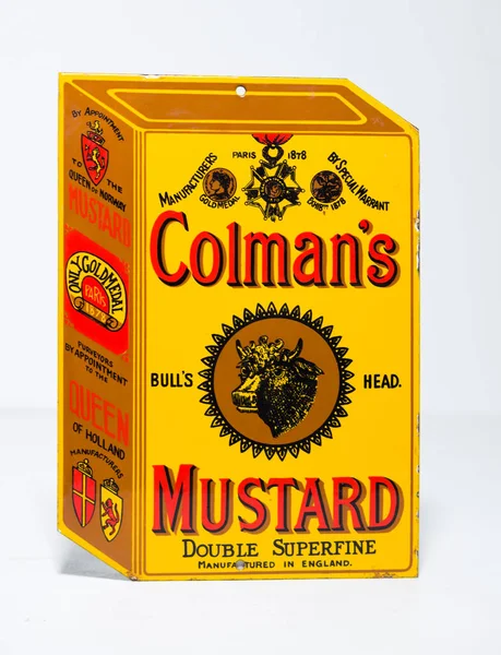 stock image kent, uk 01.012023 COLMANS MUSTARD Double Superfine antique vintage metal sign with porcelain painted enamel finish. extremely rare retro antique collectable metal plaque. 