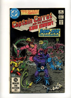 Kent, Uk 01.01.2024 Retro klasik DC çizgi romanları Kaptan Havuç ve inanılmaz hayvanat bahçesi ekibi. 1980 'lerin çizgi roman koleksiyoncuları ve nostaljik komedi anıları için basılmış çizgi romanları. 