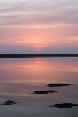 Canlı, mor ve pembe bir Los Angeles gün batımı. Güzel, canlı, doygun, rüya gibi gökyüzü ve renkler. Yumuşak ışık ve bulutlarla koyu pembe günbatımı.