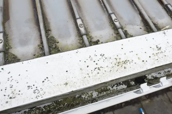 stock image Dirty clogged white plastic pvc gutters and drain pipes with mossy green mould on plastic fascias.  Blocked drains and guttering need window cleaners and regular yard work maintenance for good drainage.