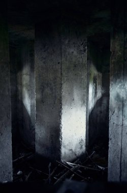 inside of a  brutalist cold gritty concrete world war two, ww2, pillbox war bunker defence fortress in a dirty forgotten woodland in europe. wartime architecture and relics clipart