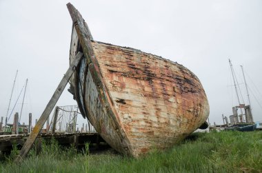 Çürüme ve bozulma belirtileri gösteren eski bir ahşap gemi enkazı. Paslı, çürümüş kalıntılarla kıyıda karaya vurmuş eski bir deniz gemisi. Doğa ve deniz eski teknelere zarar veriyor..