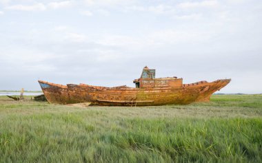 Çürüme ve bozulma belirtileri gösteren eski bir ahşap gemi enkazı. Paslı, çürümüş kalıntılarla kıyıda karaya vurmuş eski bir deniz gemisi. Doğa ve deniz eski teknelere zarar veriyor..