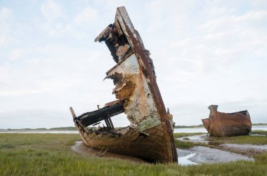 Çürüme ve bozulma belirtileri gösteren eski bir ahşap gemi enkazı. Paslı, çürümüş kalıntılarla kıyıda karaya vurmuş eski bir deniz gemisi. Doğa ve deniz eski teknelere zarar veriyor..