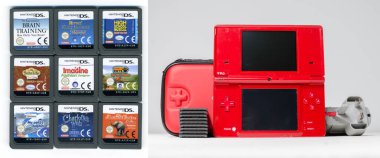 Lodnon, İngiltere, 05 / 05 / 2019 Beyaz bir stüdyo arka planında elle tutulan kırmızı bir nintendo ds vintage konsol. Retro video oyun ahizesi. Nostaljik bilgisayar ve atari oyunları. 