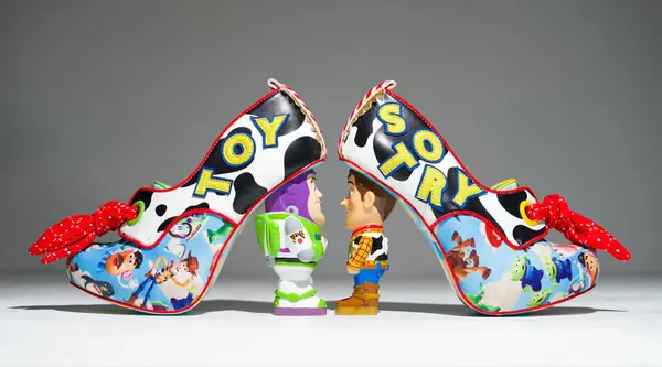 Stock image kent, uk 01.01.2023 Irregular Choice Toy Story, You got a friend In me,  Character high Heel Shoes. Famous iconic pixar toy story animation movie merchandise. Buzz light year and woody.