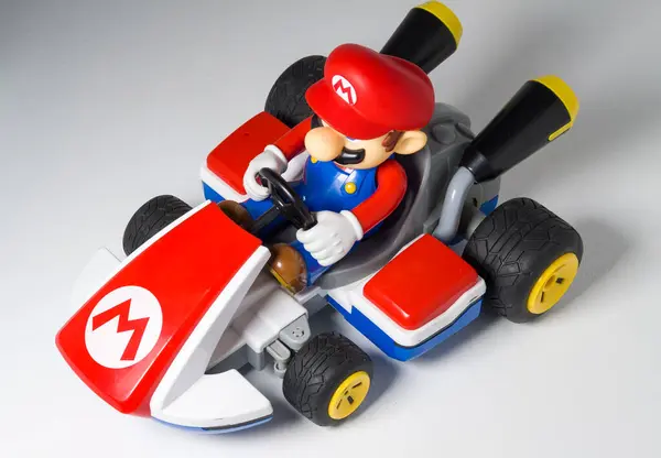 stock image kent, uk 01.01.2023 Carrera Mario Kart Mario Race Kart remote control car, super mario kart action toy. famous nintendo video game merchandise collectors toys. isolated super mario.