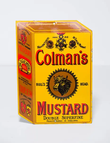 stock image kent, uk 01.012023 COLMANS MUSTARD Double Superfine antique vintage metal sign with porcelain painted enamel finish. extremely rare retro antique collectable metal plaque. 