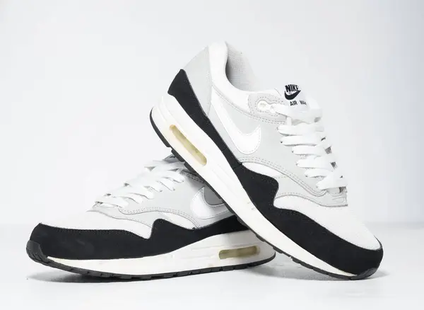 stock image london, england, 05.08.2018 Nike air max 1 essential wolf grey/black/ white rare running trainers. Nike air max retro classic sneaker trainers. Nike sport and street wear fashionable athletic apparel