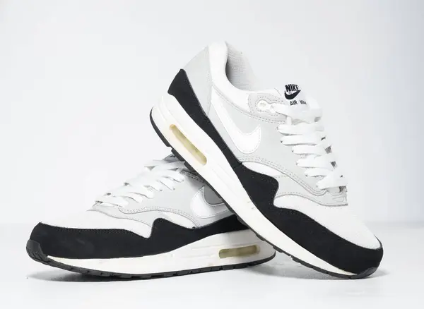 Stock image london, england, 05.08.2018 Nike air max 1 essential wolf grey/black/ white rare running trainers. Nike air max retro classic sneaker trainers. Nike sport and street wear fashionable athletic apparel