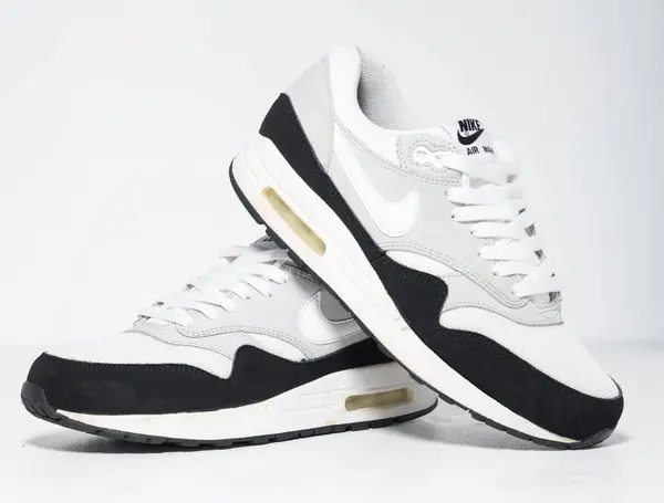 stock image london, england, 05.08.2018 Nike air max 1 essential wolf grey/black/ white rare running trainers. Nike air max retro classic sneaker trainers. Nike sport and street wear fashionable athletic apparel