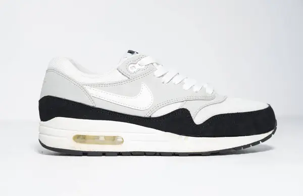 stock image london, england, 05.08.2018 Nike air max 1 essential wolf grey/black/ white rare running trainers. Nike air max retro classic sneaker trainers. Nike sport and street wear fashionable athletic apparel