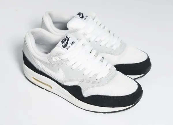 stock image london, england, 05.08.2018 Nike air max 1 essential wolf grey/black/ white rare running trainers. Nike air max retro classic sneaker trainers. Nike sport and street wear fashionable athletic apparel