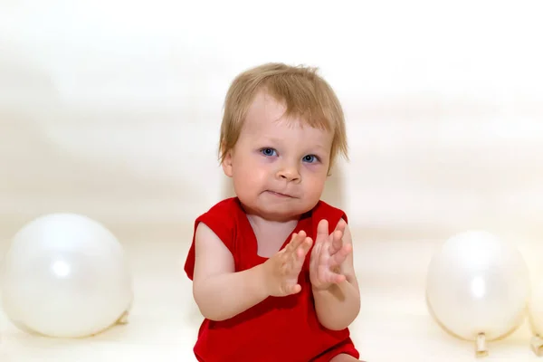 One Year Old Toddler Blonde Hair Red Bodysuit Sitting Smiling — Stock Photo, Image