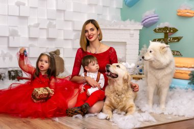 Aile fotoğrafı mı? Annem ve iki çocuğu ve kırmızı elbiseli iki beyaz köpek Noel 'i kutluyor, yeni yılı. Mutlu genç anne ve kızı, oğlu ve köpekleri sıcak, karanlık bir oturma odasında