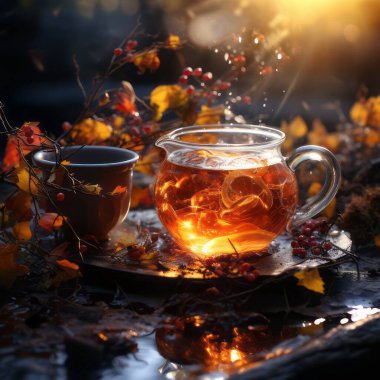 Çay sonbahar titreşimleri. Sonbahar havasıyla karışık sıcak bir fincan çay. Yüksek kalite fotoğraf