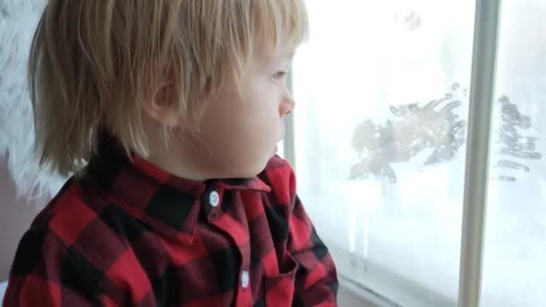 子供はクリスマスのノームで窓に座り 彼の手にクリスマスプレゼントを持っています 家族のクリスマスコンセプト 4Kについて — ストック動画