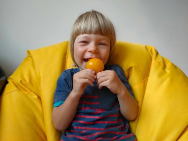 Küçük çocuk elinde domateslerle oynuyor ve gri arka planda onlarla eğleniyor. Çocuk ellerinde sebze ve domates tutuyor. Yüksek kalite fotoğraf