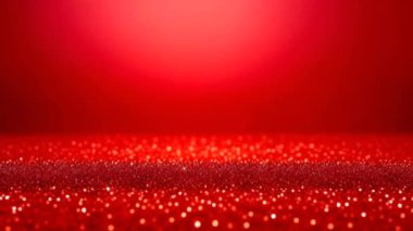 Kırmızı arkaplanda parlak kırmızı ve altın renkli yüzen toz parçacıkları Bokeh yıldızı ile soyut arkaplan. Noel kırmızı arka planı. Uzayda fütürist ışıltı. Yüksek kalite FullHD