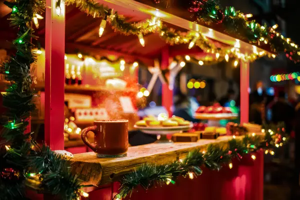 Stock image Hot Cocoa Stand. A cozy outdoor hot cocoa stand decorated with Christmas lights and garlands, offering warm drinks and treats to passersby, perfect for holiday markets and events. Cozy Christmas Fair