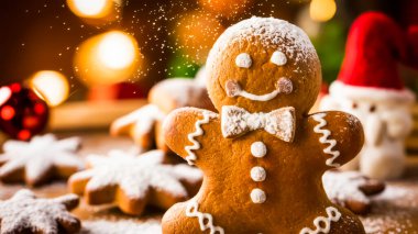 Tatil Fırını. Yakın çekim Noel kurabiyeleri, kekler veya diğer ikramlar, fırın malzemeleri veya aşçılık dersleri için mükemmel. Pişirme, pastane, yemek pişirme ve noel konsepti. Yüksek