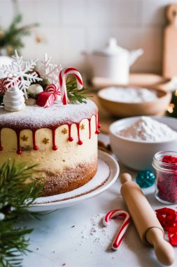 Tatil Fırını. Yakın çekim Noel kurabiyeleri, kekler veya diğer ikramlar, fırın malzemeleri veya aşçılık dersleri için mükemmel. Pişirme, pastane, yemek pişirme ve noel konsepti. Yüksek