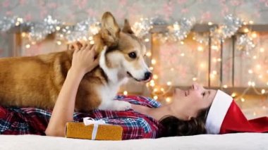 Woman in Santa hat plays with happy Corgi, dog licks face. Gifts and Christmas decorations against the garland lights background. New Year and Christmas concept. Waiting for the holiday