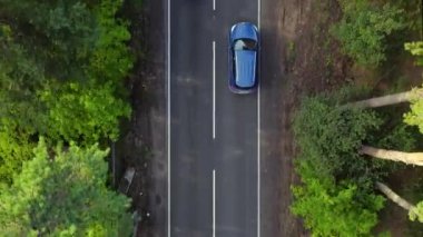 Aerial view of car passing through the green pine forest and mountain on countryside road. Drone view 