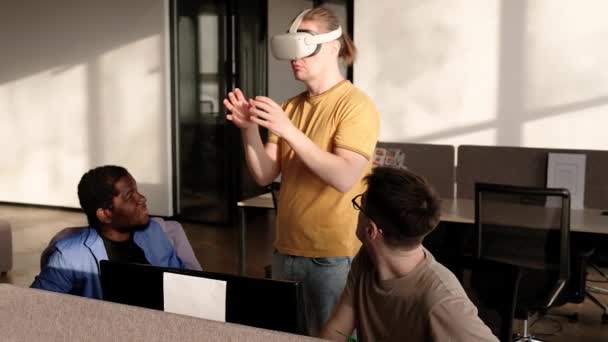 Development Team Working Project Man Wearing Headset Playing Touching Something — Video