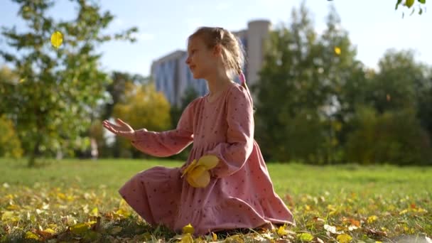 Szczęśliwa Dziewczynka Siedząca Bawiąca Się Opadłymi Liśćmi Jesiennym Parku Sezon — Wideo stockowe