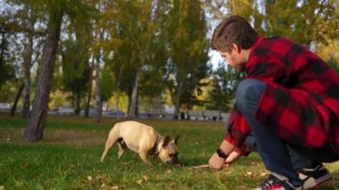 Parkta köpeğiyle oynayan genç bir adam güneşli bir günün tadını çıkarıyor ve doğal güzelliği var. Samimi ve doğal sahne.