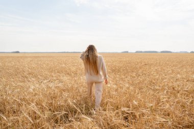Huzurlu bir sahnede bir kadın güzel bir buğday tarlasında yürüyor, huzur ve sükuneti çağrıştırıyor.